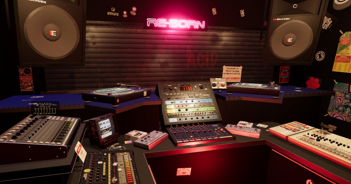 The Re-Born booth with turntables, acid boxes, drum machines, an S2400 and a mixer beneath the pink Re-Born neon sign.